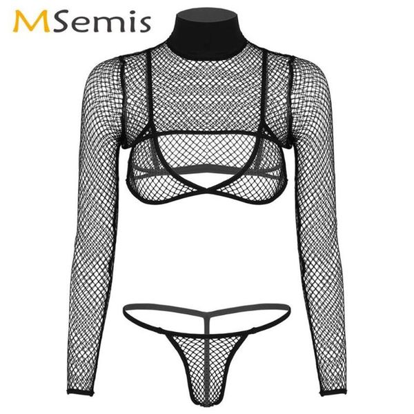 Damen Porno Stripper Outfit Transparent Pole Dance Fishnet Dessous Set Clubwear Langarm Shrug T-Shirt mit Triangel-BH Slips256o