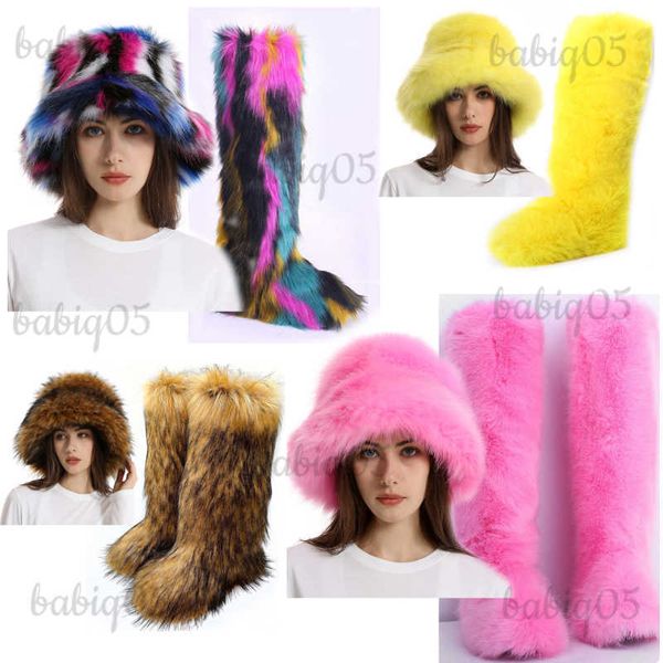 Stivali invernali nuovi stivali da neve in pelliccia calda 2023 stivali da donna in lana simile al ginocchio stivali da donna stivali con plateau moda imbottito in pelliccia cappello di peluche set babiq05