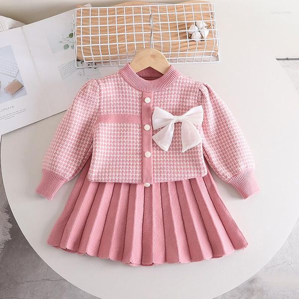Conjuntos de roupas meninas camisola xadrez saia crianças outono e inverno arco de malha de duas peças conjunto bolha manga plissada curta