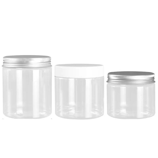 wholesale Dia.68mm PET Bottiglia vuota in plastica trasparente Confezione cosmetica Vaso per cera per capelli Tappo in plastica Coperchio in alluminio Alimenti Caramelle Fiore Barattoli di tè LL