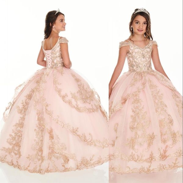 2020 Abiti da ballo per ragazze Abiti da spettacolo Scollo a V Blush Rosa Oro Applicazioni di pizzo Perline di cristallo Abiti per feste di compleanno per bambini Flower Girl292S