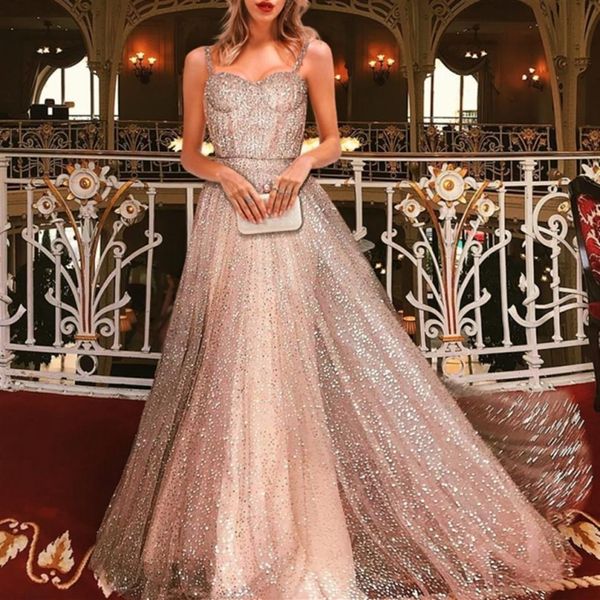 2020 Sparkly Oro Paillettes Sweetheart A-line Della Cinghia di Spaghetti A Buon Mercato Lungo di Promenade Del Partito Abito da Sera Abiti da Ballo Robe De Soriee208W