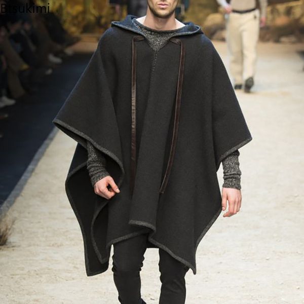 Misto lana da uomo Autunno Inverno Giacche con scialle da uomo Modello nazionale vintage stampato Poncho di lana Cappotti con cappuccio Capispalla allentato maschile 230915