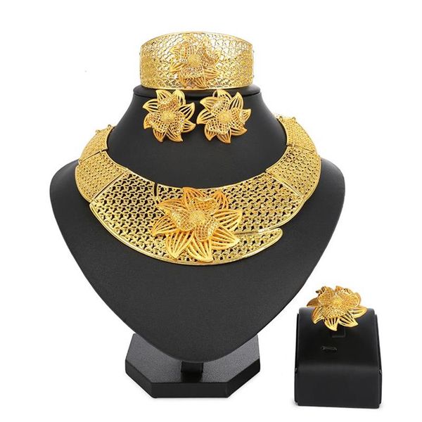 Brincos colar longqu moda feminina africana conjunto de jóias nigeriano designer de casamento dubai ouro nupcial Whole190J
