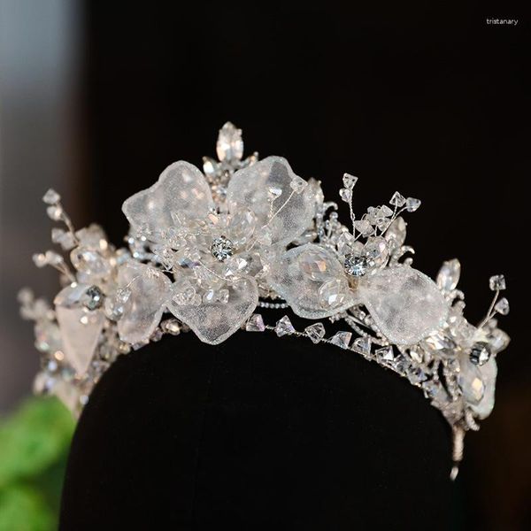 Saç klipsleri lüks gelin kronları kadınlar tiaras kristal çiçek diadem Kore moda gelin başbağı düğün aksesuarları başlık hediyesi