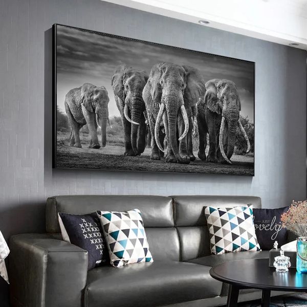 Schwarz Afrika Elefanten Wilde Tiere Leinwand Malerei Poster und Drucke Wand Kunst Bilder Für Wohnzimmer L01