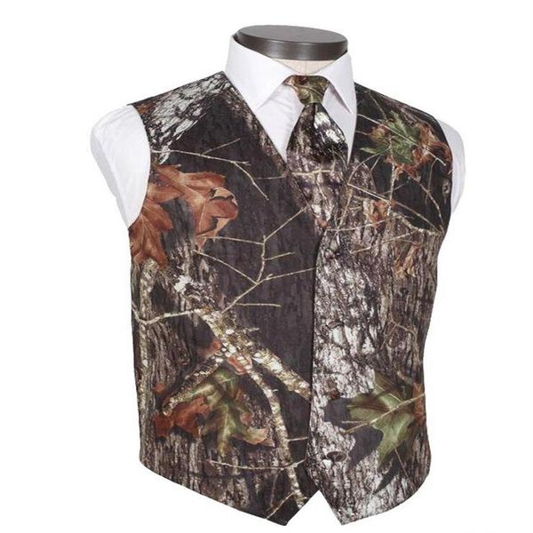 2021 Modest Camo Gilet da sposo Gilet da sposa rustico Tronco d'albero Foglie Primavera Camouflage Slim Fit Gilet da uomo Set da 2 pezzi Gilet T2954