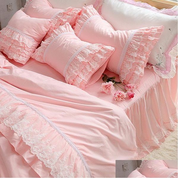 Yatak setleri üst lüks nakış düğün seti dantel fırfır yorgan er yatak tabakası yatak örtüsü romantik yatak odası ev dekorasyon yatakları dr dhkc2