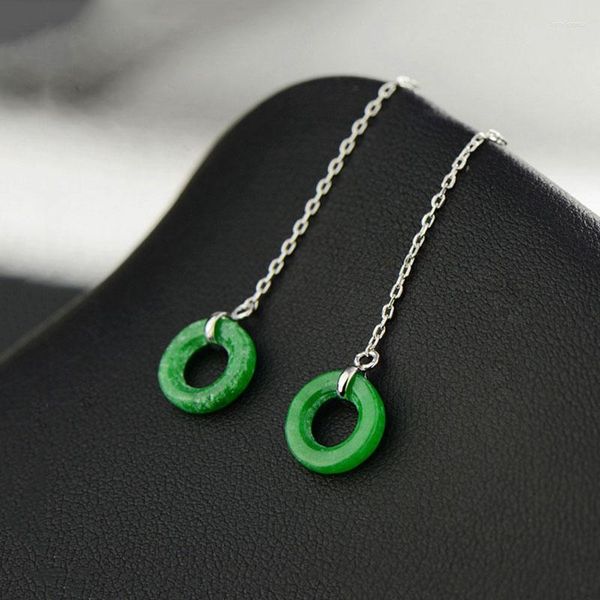 Brincos pendurados fnj 925 prata para mulheres joias originais puro s925 brinco de gota esterlina pedra verde gravata redonda longo sheng