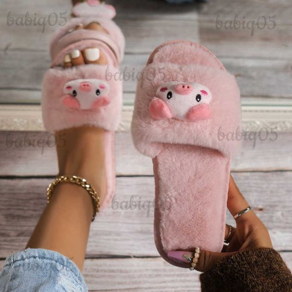 Тапочки Strberry Pig Decor, однополосные зимние новые женские тапочки на мягком каблуке и платформе, меховые теплые домашние женские пушистые домашние тапочки с открытым носком babiq05