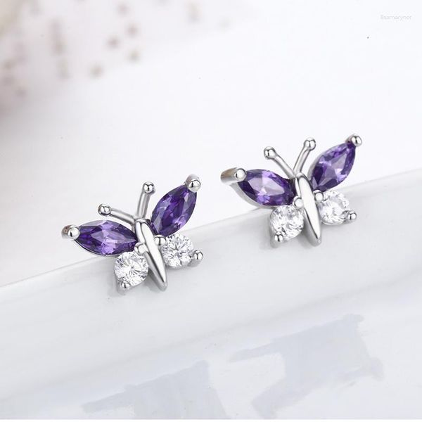 Brincos de parafuso prisioneiro bonito 925 prata esterlina borboleta roxo 7 branco cz para mulheres crianças meninas crianças jóias orecchini aros aretes