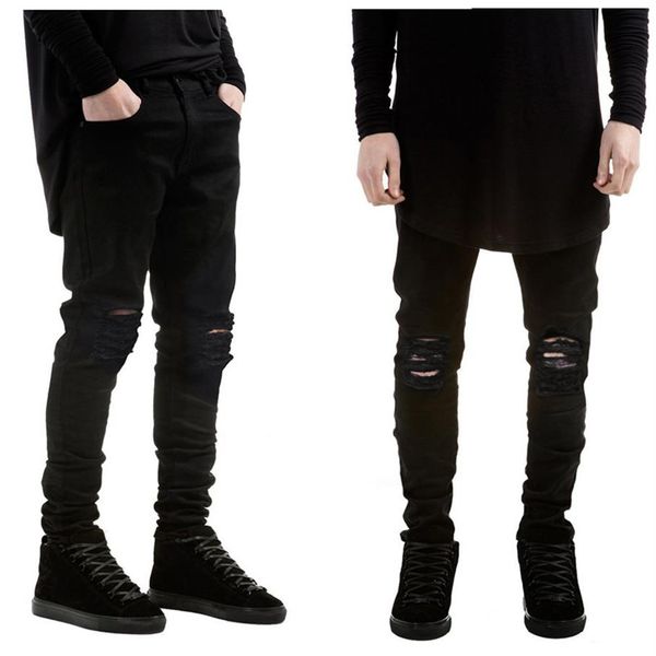 Nova moda masculina jeans preto skinny rasgado estiramento fino oeste hip hop swag denim motocicleta calças de motociclista jogger236d