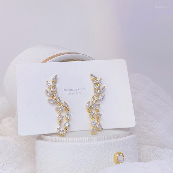 Boucles d'oreilles pendantes bijoux à la mode, plaqué or véritable 14K, feuille de Zircon, pendentif pompon d'oreille de blé brillant, boucles d'oreilles de fête de mariage pour femmes