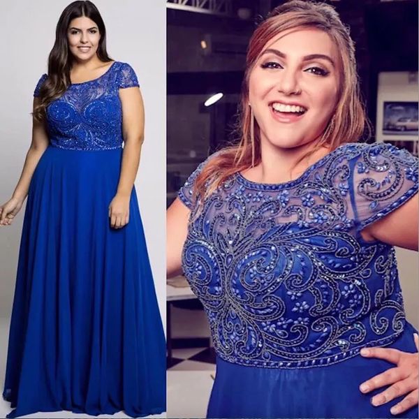 Plus-Size-Kleider für besondere Anlässe, Meerjungfrau-Mädchen, neu, maßgeschneidert, mit Schnürung, Reißverschluss, bodenlang, U-Ausschnitt mit kurzen Ärmeln, Chiffon, königsblau, Abendkleider, Abschlussball-Partykleid