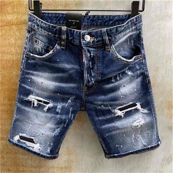 Style d'été célèbre marque dsq italie jeans hommes Shorts hommes denim pantalon droit peinture Slim bleu trou pour 210723214B