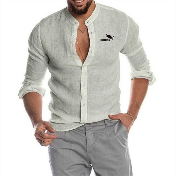 Camisas e blusas soltas de linho masculinas, camisas e blusas de manga comprida com gola em v para primavera e verão, moda casual com botões, moda urbana