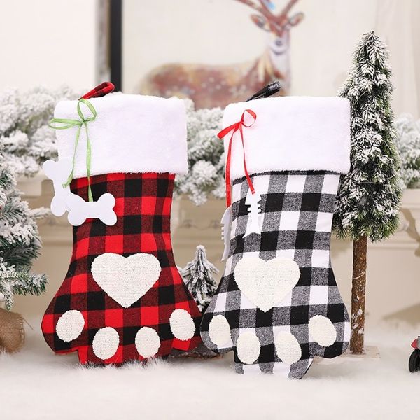 Árvore de natal pendurado meias decoração de natal xadrez coração cão pata meias doces saco de presente festa festiva ornamento de natal