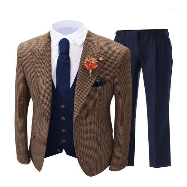 Ternos masculinos blazers terno masculino marrom formal 3 peças fino ajuste xale lapela xadrez lã macia tweed baile cinza smoking wedd287m