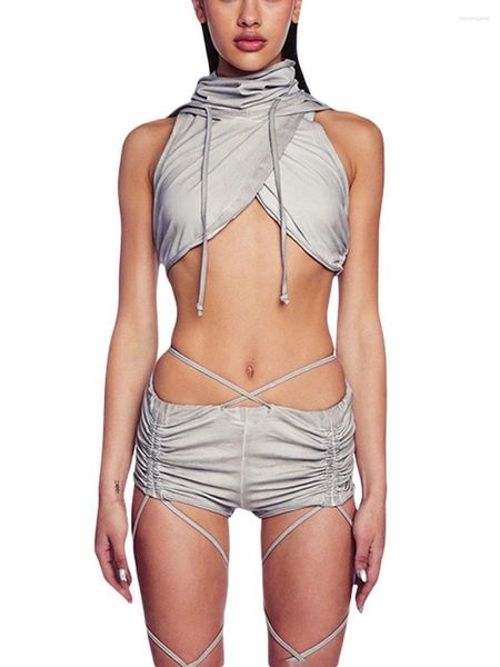 Shorts femininos sexy verão casual broadcloth cordão cinza ruched bandagem amarrar streetwear