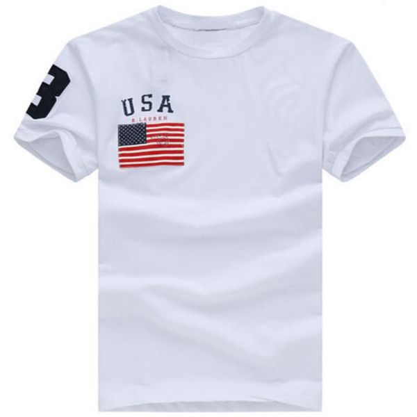 Sommer Herren T-Shirts USA Flagge mit Big Pony Baumwolle T-Shirt O-Ausschnitt Sport Tees Top Marineblau Weiß Rot S-XXL270E