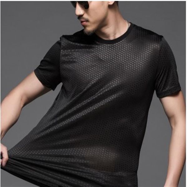 Sommer Herren Rundhals bedrucktes Top Kurzarm T-Shirt Plaid Große Größe Hochelastische Eisseide Sexy Atmungsaktiv Hohl Botto211C