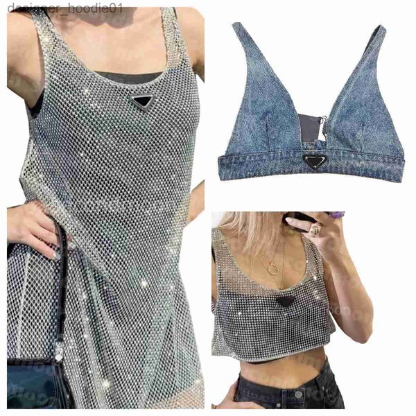 Abiti casual di base Donna Abito con strass lucidi Sexy Crop Top Vest Moda Denim Reggiseno Top Senza maniche Sling Gilet Abiti da donna L230916