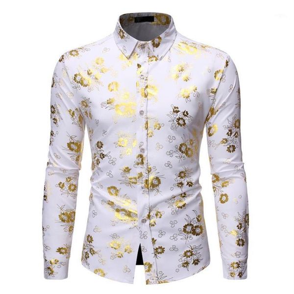 Fantasia masculina florida ouro impressão vestido camisa masculina 2020 novo design de luxo fino ajuste camisas smoking para clube festa disco1259s