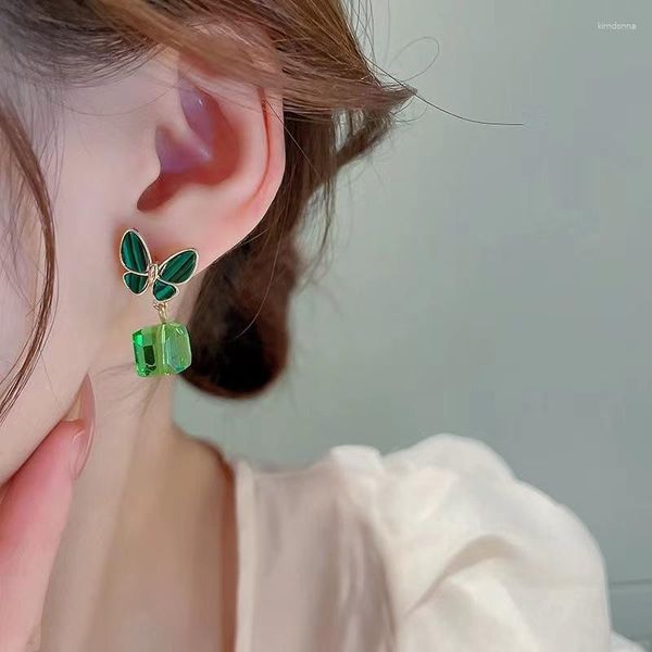 Brincos pendurados em cubo verde esmeralda, pingente quadrado, borboleta de cristal, para mulheres, design coreano, joias