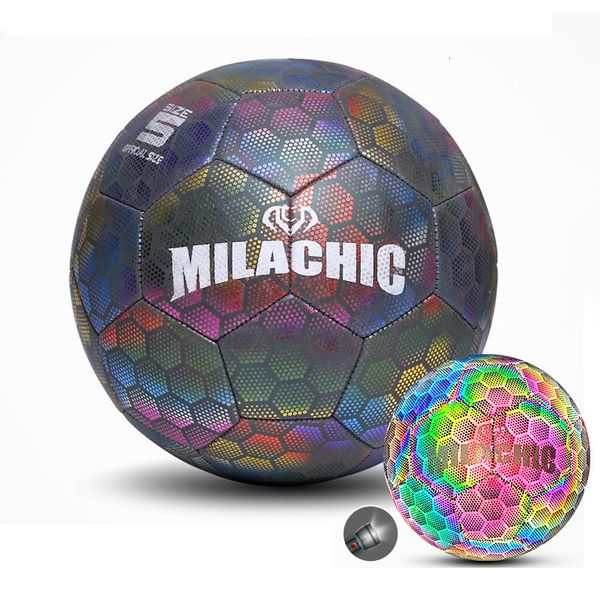 Palline Palloni da calcio luminosi Glow in The Dark Soccer Holographics Pallone da calcio luminoso Giocattoli da esterno Flash per fotocamera Riflettente Croma Ball 230915