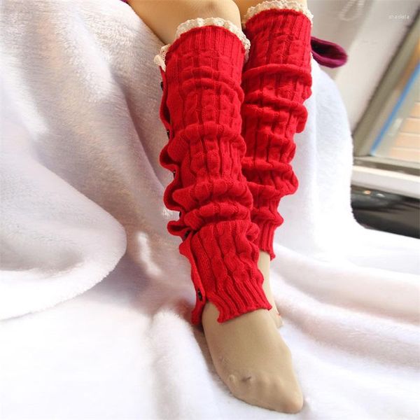Calzini da donna in pizzo con trecce lavorate a maglia stivali caldi casual maniche per scarpe decorazione con bottoni autunnali e invernali copristivali