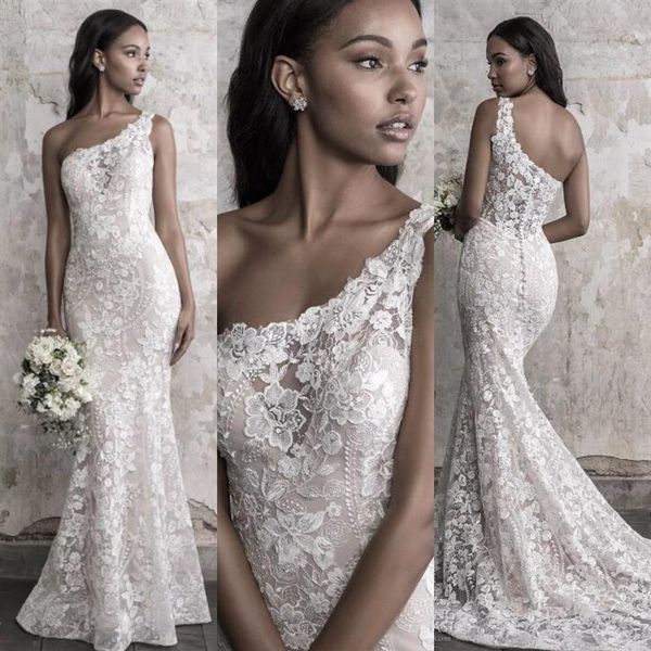 Madison James Autunno 2018 Abito da sposa a sirena Elegante monospalla in pizzo applique Sweep Train Abiti da sposa di lusso Custom Made299P