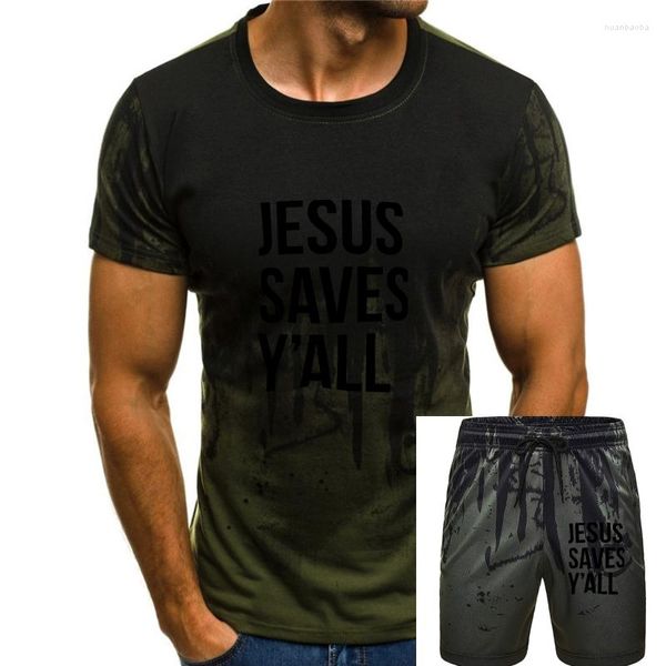 Fatos masculinos jesus salva yall o-pescoço atlético t-shirts camisa de algodão puro verão homens manga curta clássico sólido estiramento macio
