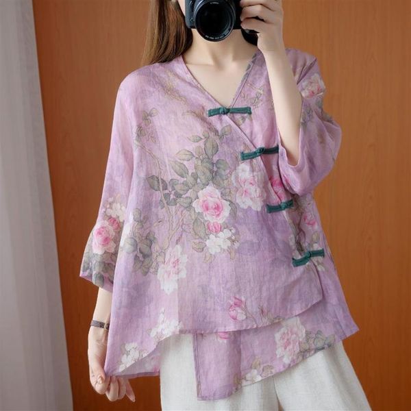 Senhoras tradicional chinês cheongsam verão floral impressão botão até decote em v topo feminino algodão étnico blusa de linho elegante meninas pano182w