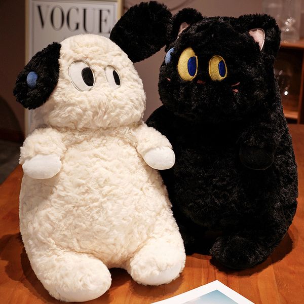 Kawaii gato preto de olhos grandes brinquedo de pelúcia coelho bonito brinquedo de pelúcia cão branco dos desenhos animados boneca de pelúcia crianças dormindo conforto travesseiro boneca menina presente de aniversário de natal