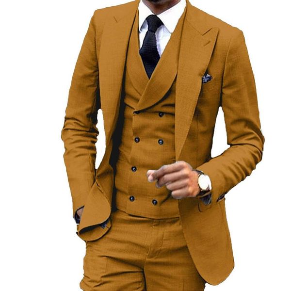Slim Fit Brown Yellow Groom Tuxedos Peak Lapel Groomsmen Mens Wedding Dress Popular Man Jacket Blazer 3Piece SuitJacket Pants Ves3026