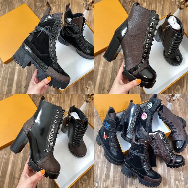 Con scatola Designer Laureate Stivali da donna Marca Fenicotteri Love Arrow Medaglia Martin Boot Inverno Vera pelle Grossa Scarpe con tacco alto Desert Top di lusso