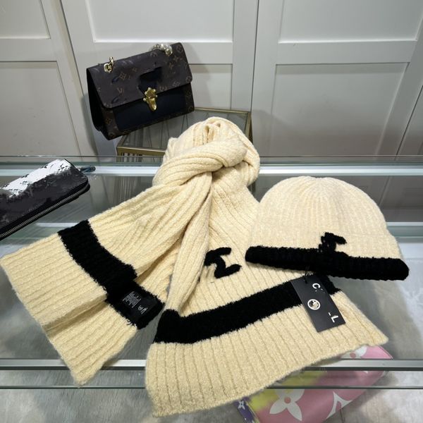 Alta qualidade lenço bege chapéu conjunto para mulher homens inverno clássico designer chapéus cachecóis conjuntos de malha schal gorro caxemira carta bordado gorros cachecóis