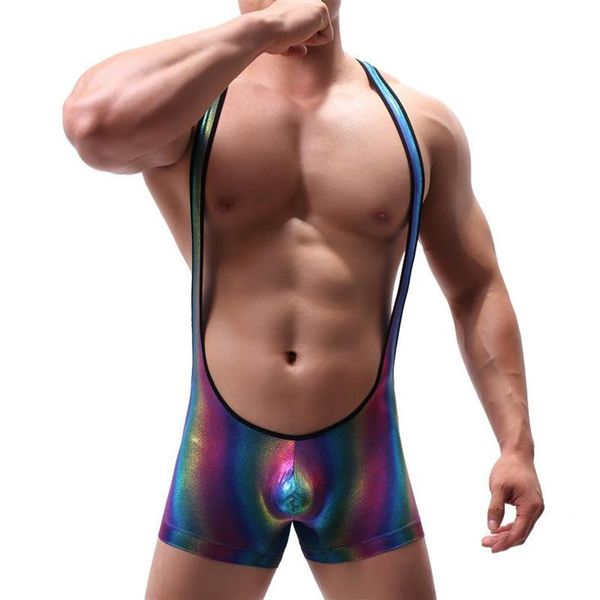 Intimo modellante per il corpo da uomo Tute da uomo Arcobaleno Custodia per pene sexy Tute Canotte da wrestling Boxer Bodybuilding Uomo Undersh218f