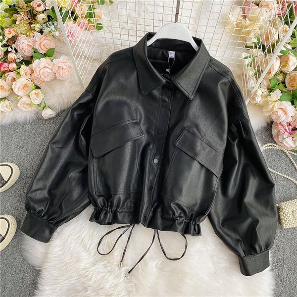 Casaco de couro feminino vintage 2023 solto preto pu jaqueta feminina único breasted punk curto falso casaco senhora