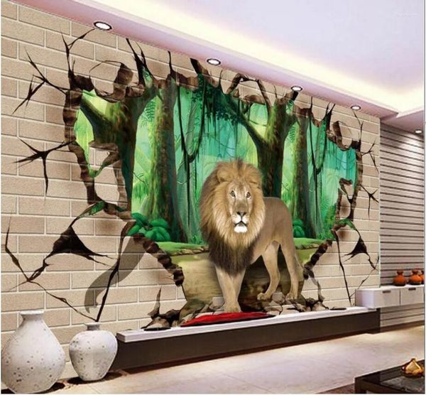 Wallpapers Benutzerdefinierte Po-Wandbild 3D-Raum-Wandpapier Wald Löwe Ziegel TV Hintergrund Home Decor Wandbilder Tapete für 3 D