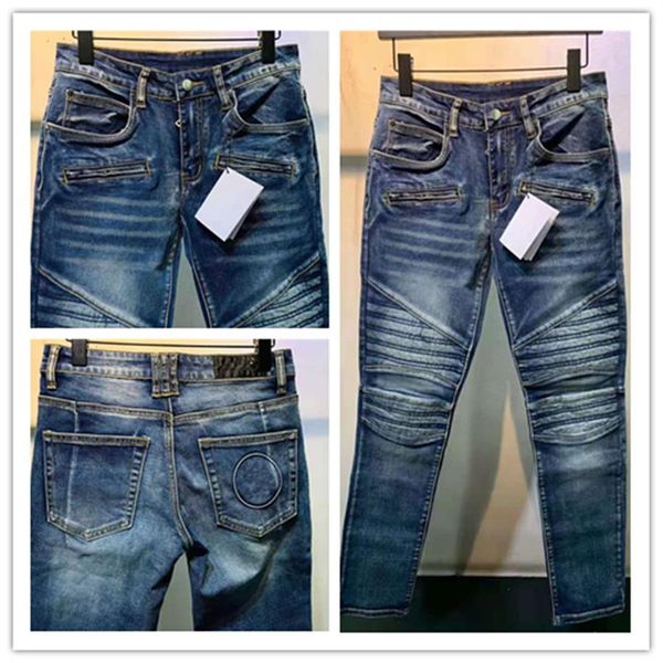 Mens Jeans Luxurys Designer Blue Stripe Tasarım Tam Beş Yıldızlı Siyah Pantolon Mektup Klasik Aplike Moda Delikleri Motosiklet Bik322d