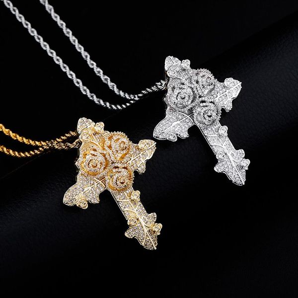 Bling Diamond Stone Rose Flower Cross Pendenti Collana Gioielli Reale placcato oro 14K Amante Regalo Coppia Gioielli religiosi Valentine229A