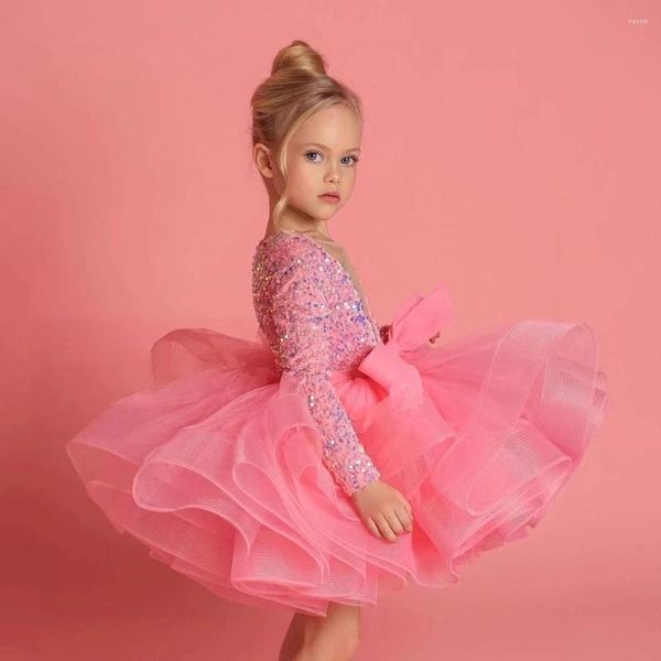 Mädchen Kleider Elegante Rosa Blume Flauschigen Knielangen Prinzessin Kleid Kinder Schicht Üppigen Geburtstag Erstkommunion Hochzeit Abend