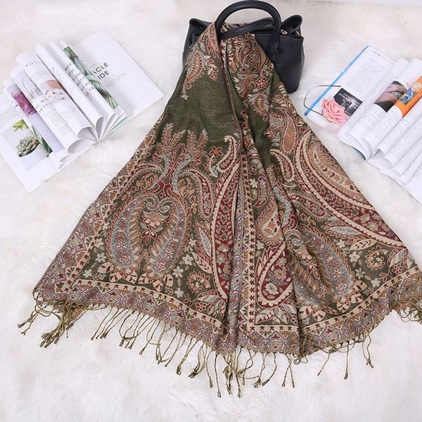 Sciarpe Stile Boemia Donna Double Side Paisley Sciarpa Pashmina setosa Scialle avvolgente Sciarpa da viaggio con frange jacquard etnico da donna 230915