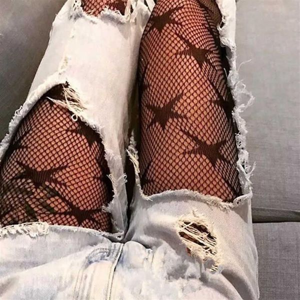 Moda legal estrela impresso fishnet collants erótico oco para fora sexy malha meia-calça punk padrão preto feminino lingerie apertada x281a