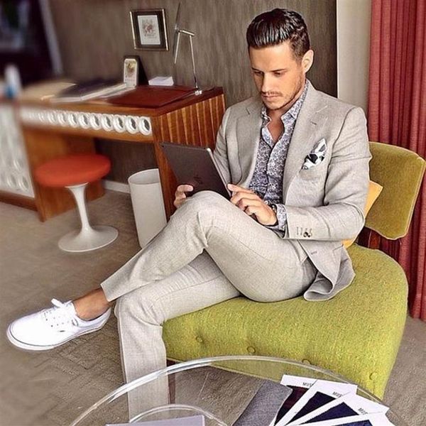 Abito da uomo in lino grigio chiaro per matrimonio sulla spiaggia 2 pezzi Smoking dello sposo da uomo Casual Prom Blazer Abiti Groomsman uomo terno masculino317C