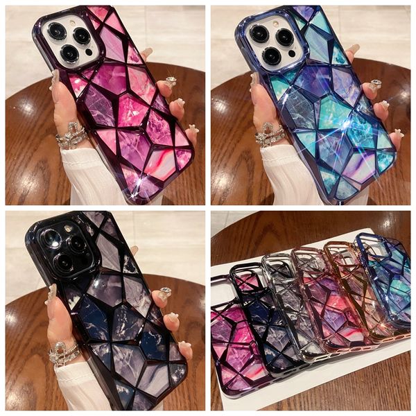 Custodia cromata in marmo shinny per iPhone 15 14 pro max 14 13 12 11 i14 Fashion Bling Metallic Plack TPU TPU Clear Quartz Rock Stone Stone Copertina di telefonia mobile Back Cover