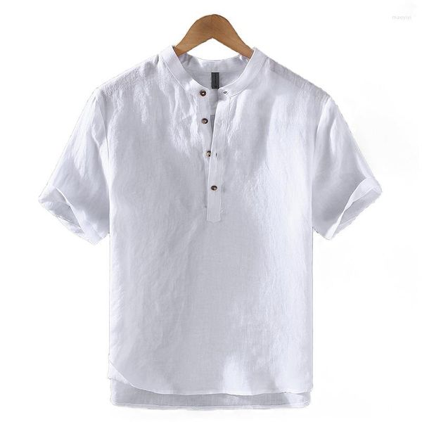 Мужские футболки 2023, винтажная футболка со стоячим воротником из чистого льна, футболка с коротким рукавом для лета, тонкий пуловер, топ