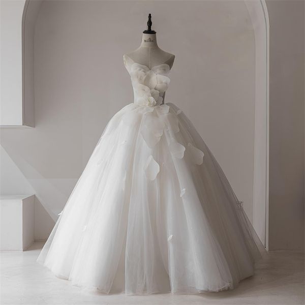 Vestido de fiesta minimalista, vestidos de novia sin mangas, elegante vestido blanco sin tirantes con flores RL2028