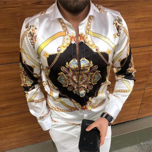 Camisas casuais masculinas Deluxe Gold Suit Silk Satin Digital Impresso Camisa Slim Comprimento Manga Longa Festa Top M-3XL247w